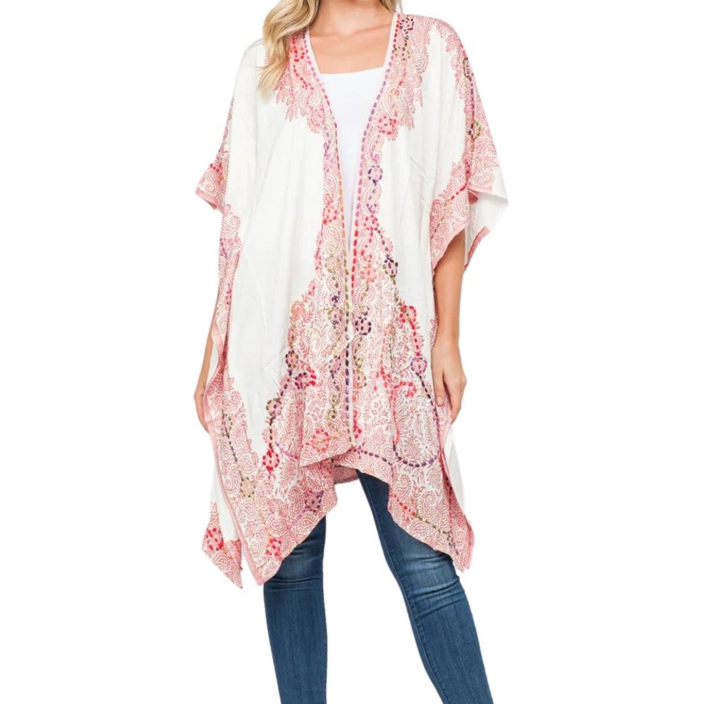 Raj Embroidered Kimono White Pink OSFM Elegant Rayon Indian Duster Wrap Boho